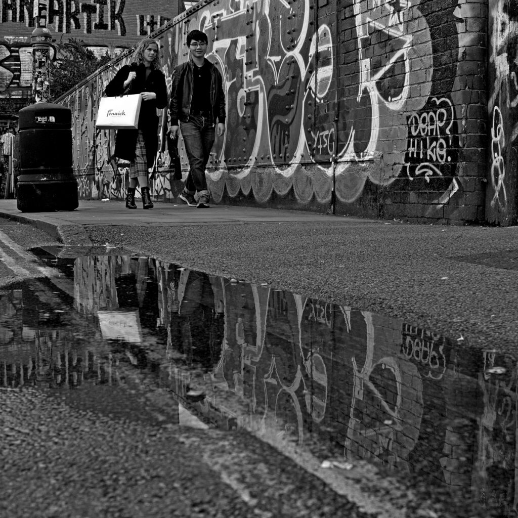 Couples reflection in a puddle